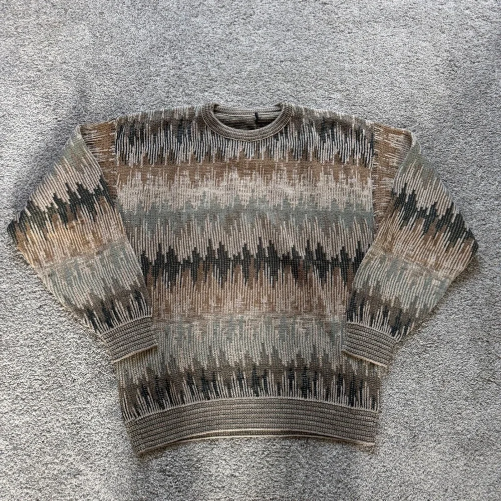 Vintage Abstract Geometric Knit Crewneck Sweater Earth Tones Brown Grey Large